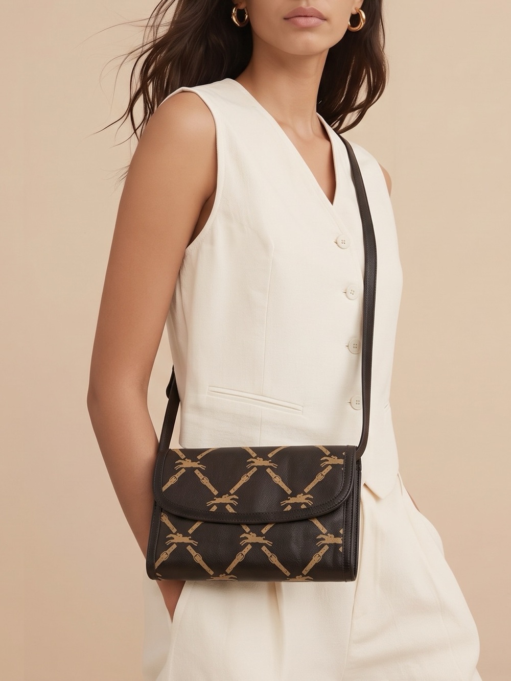 Longchamp Vintage Lambskin Clutch Shoulder Bag in Dark Brown